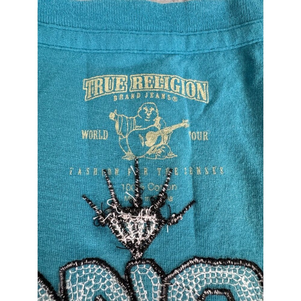 True Religion Womens S Teal Ombre V-Neck Graphic Tee Cotton Casual Style Sequenc - Picture 3 of 11